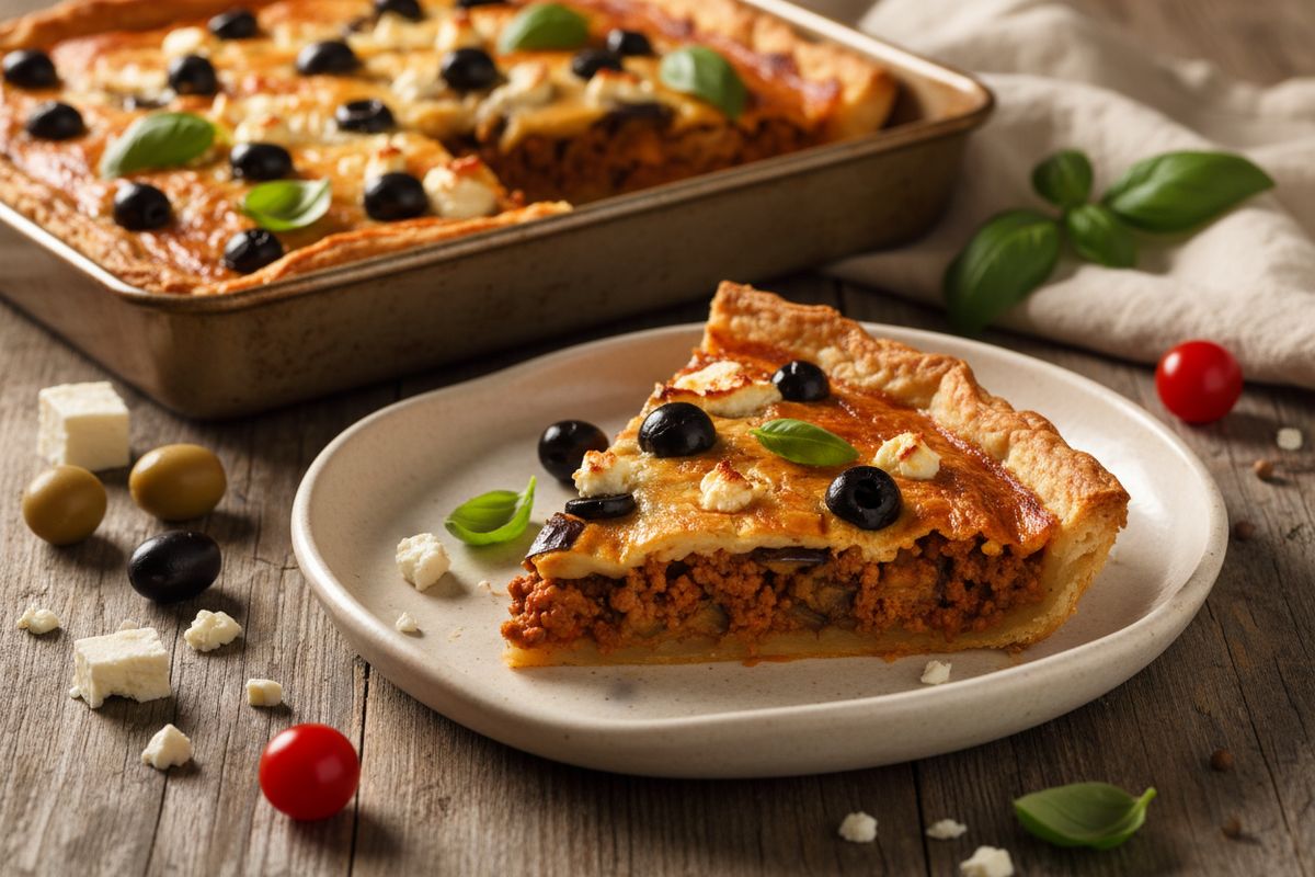 Täyteläinen jauhelihapiirakka uunipellillä – munakoiso, oliivit ja salaattijuusto tekevät siitä aidosti välimerellistä liharuokaa.