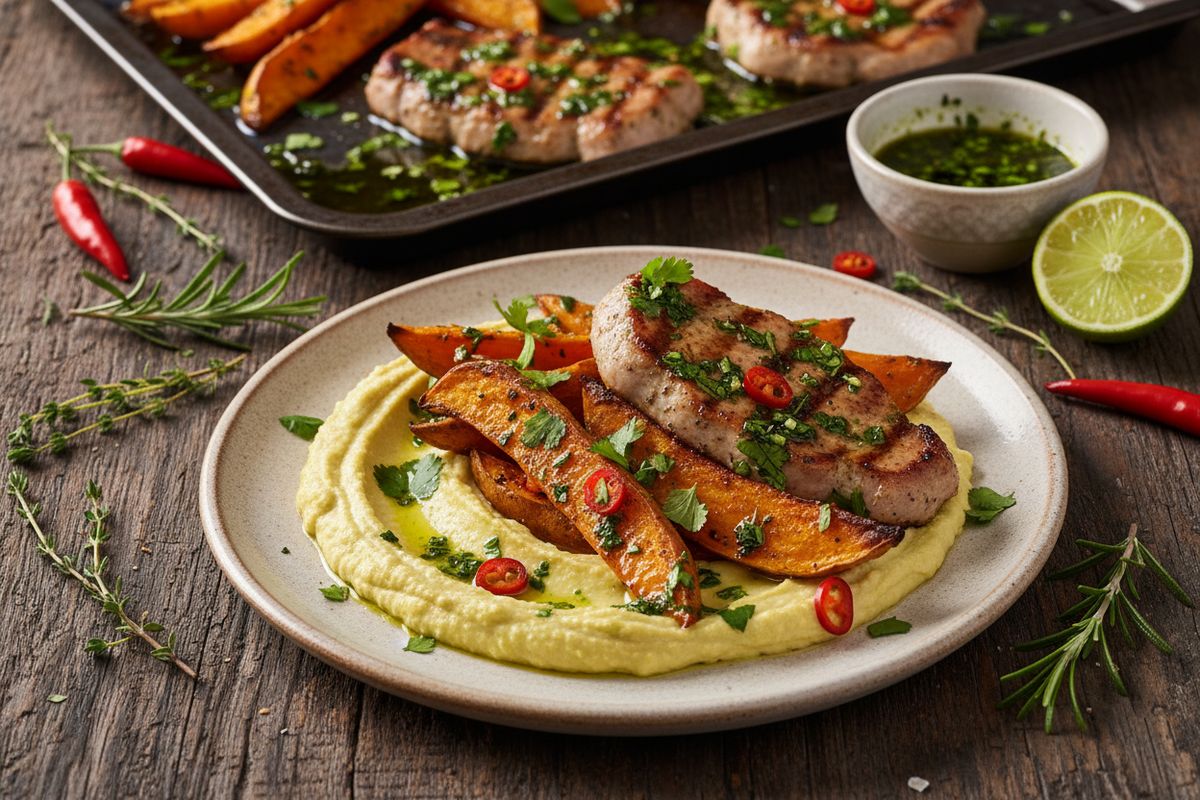 Mehevät possun kasslerpihvit ja paahdettua bataattia yhdellä pellillä – viimeistellään tulisella yrttiöljyllä ja raikkaan sitruunaisella limehummuksella.