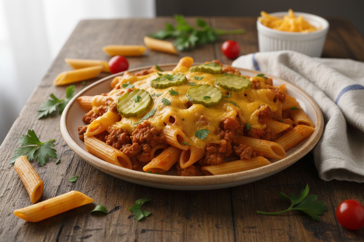 Cheeseburgerpasta on naudanjauhelihalla ja sulatetulla cheddarilla täytetty lihaisa arkiruoka, joka valmistuu yhdessä pannussa alle 30 minuutissa.