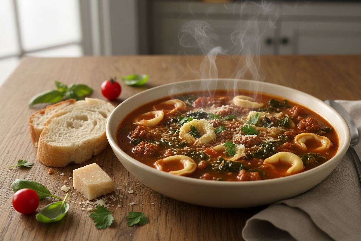 Makkara-tortellinikeitto on lihaisa ja täyteläinen arkiruoka, joka valmistuu nopeasti ja maistuu koko perheelle.