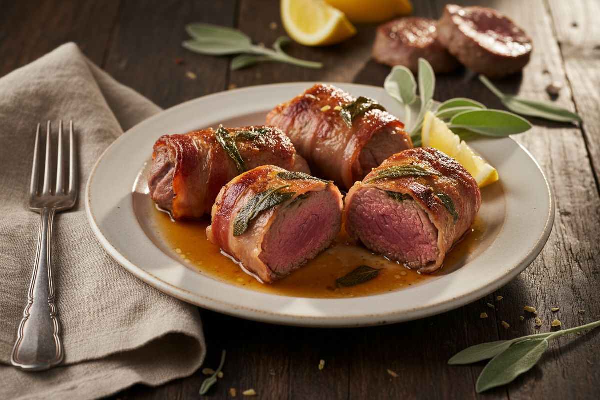 Karitsan ulkofile käärittynä prosciuttoon ja salviaan – italialainen saltimbocca-klassikko lihansyöjän tapaan.