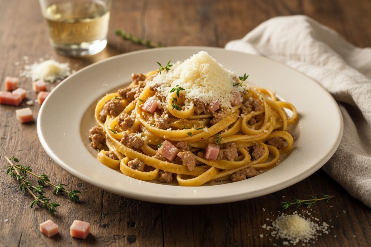 Ragù bianco on täyteläinen italialainen valkoinen lihakastike, jossa sekajauheliha ja pancetta haudutetaan valkoviinissä ilman tomaatteja.