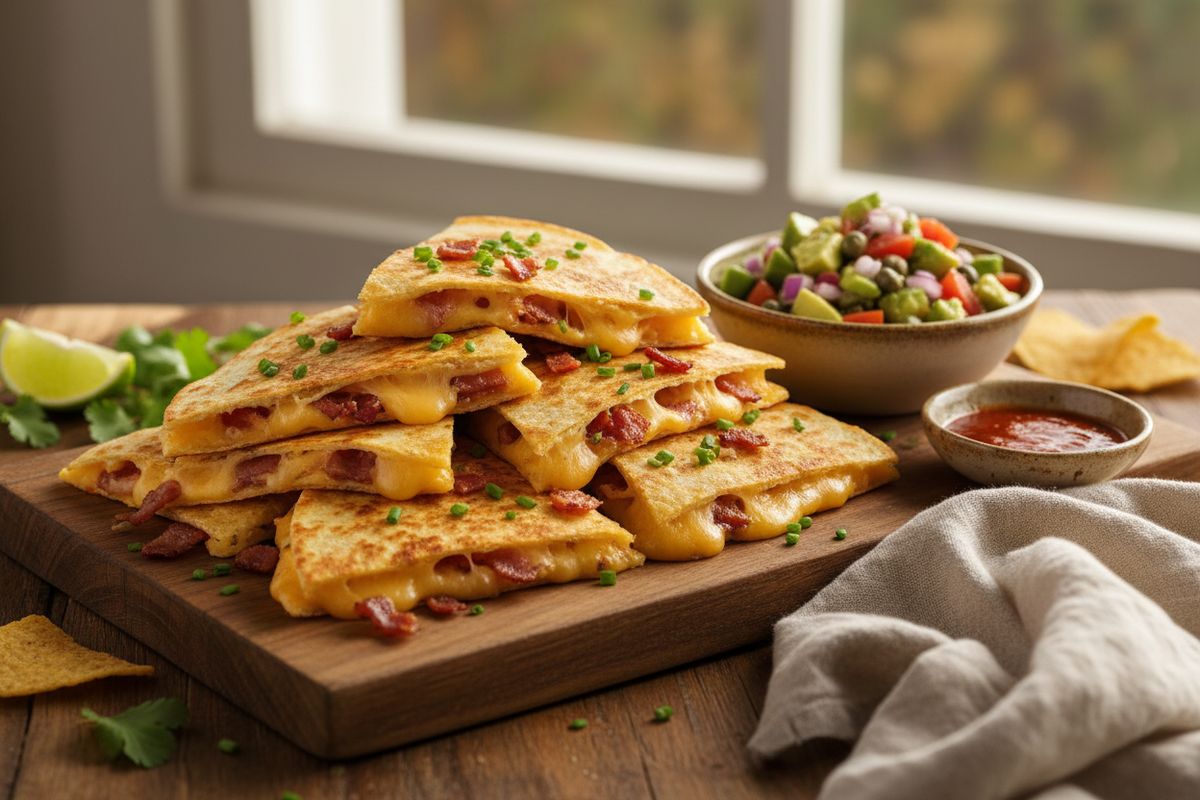 Rapeat pekoniquesadillat chilikastikkeella, sulavalla juustolla ja tuoreella avokado-sipulisalsalla – nopea meksikolainen liharuoka.