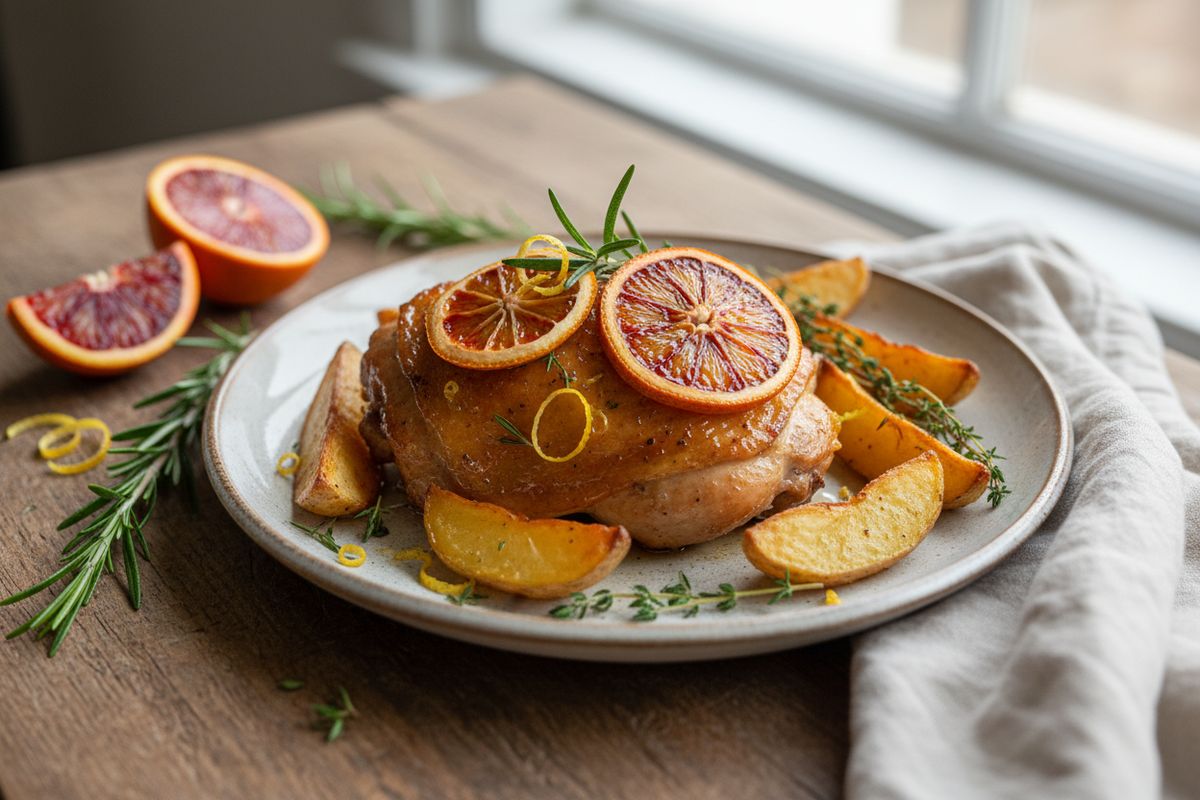 Mehevä uunissa paistettu sitruskana veriappelsiinilla, hunajalla ja tuoreilla yrteillä – helppo ja aromikas broileriruoka koko perheelle.