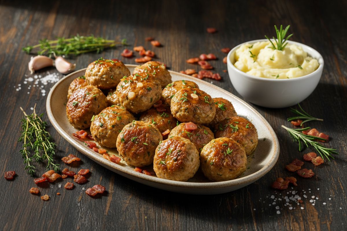 Mehevät yrtti-valkosipulilihapullat pekonilla – rohkeasti maustettu lihaklassikko, joka sopii niin arkeen kuin brunssillekin.