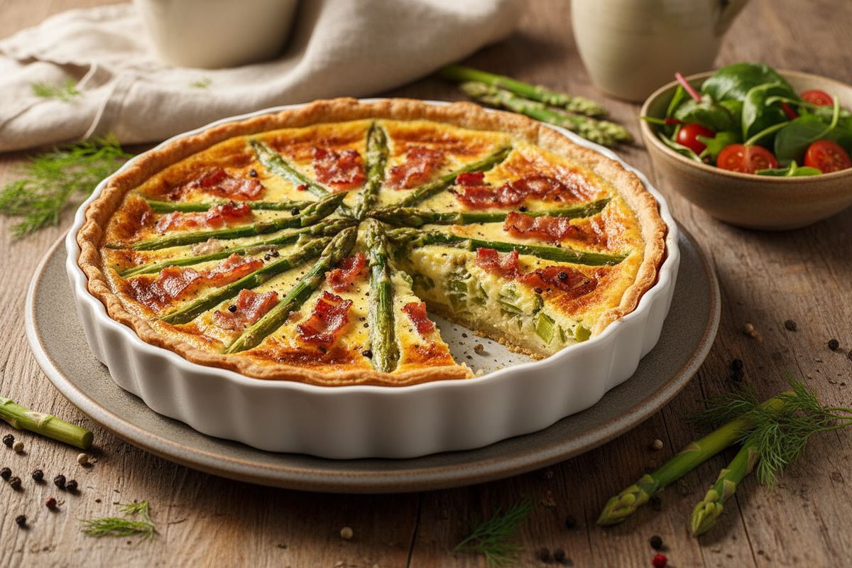 Rapsakka pekoni-parsapiiras, jossa savuinen pekoni ja tuore parsa yhdistyvät kermaisen juustotäytteen kanssa – täydellinen lihanystävän suolainen piiras.