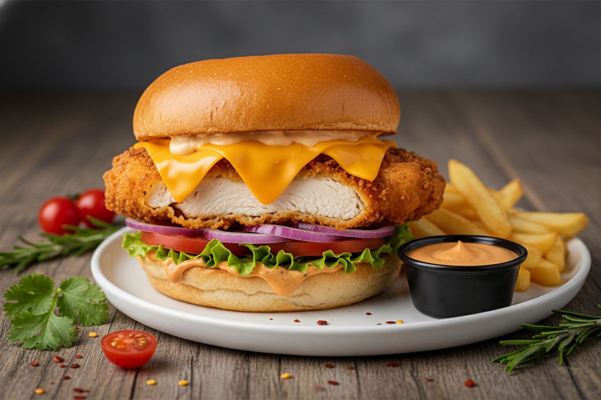 Rapea, leivitetty kanafileepihvi sulavalla cheddar-juustolla ja tulisella chipotle-majoneesilla – burgeri, joka ei jätä nälkäistä kylmäksi.