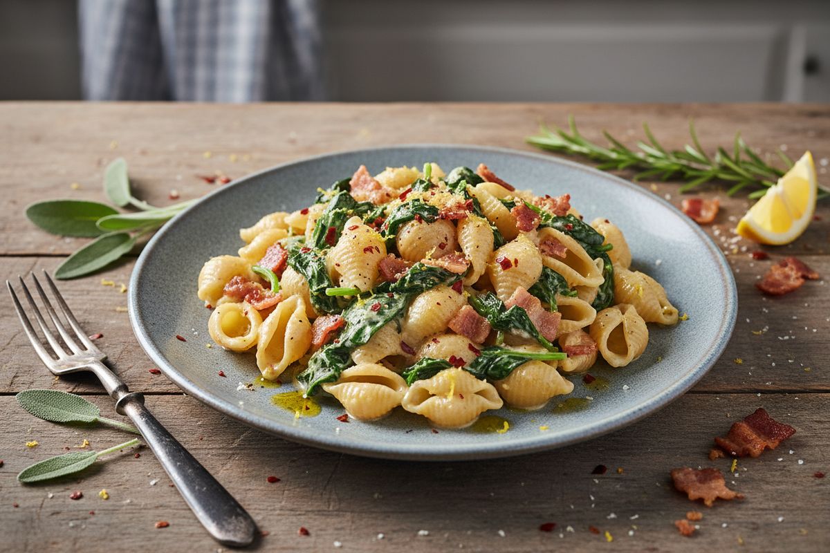 Rapsakaksi paistettu pekoni ja kermainen pinaattikastike tekevät tästä pastasta arki-illan ehdottoman voittajan.