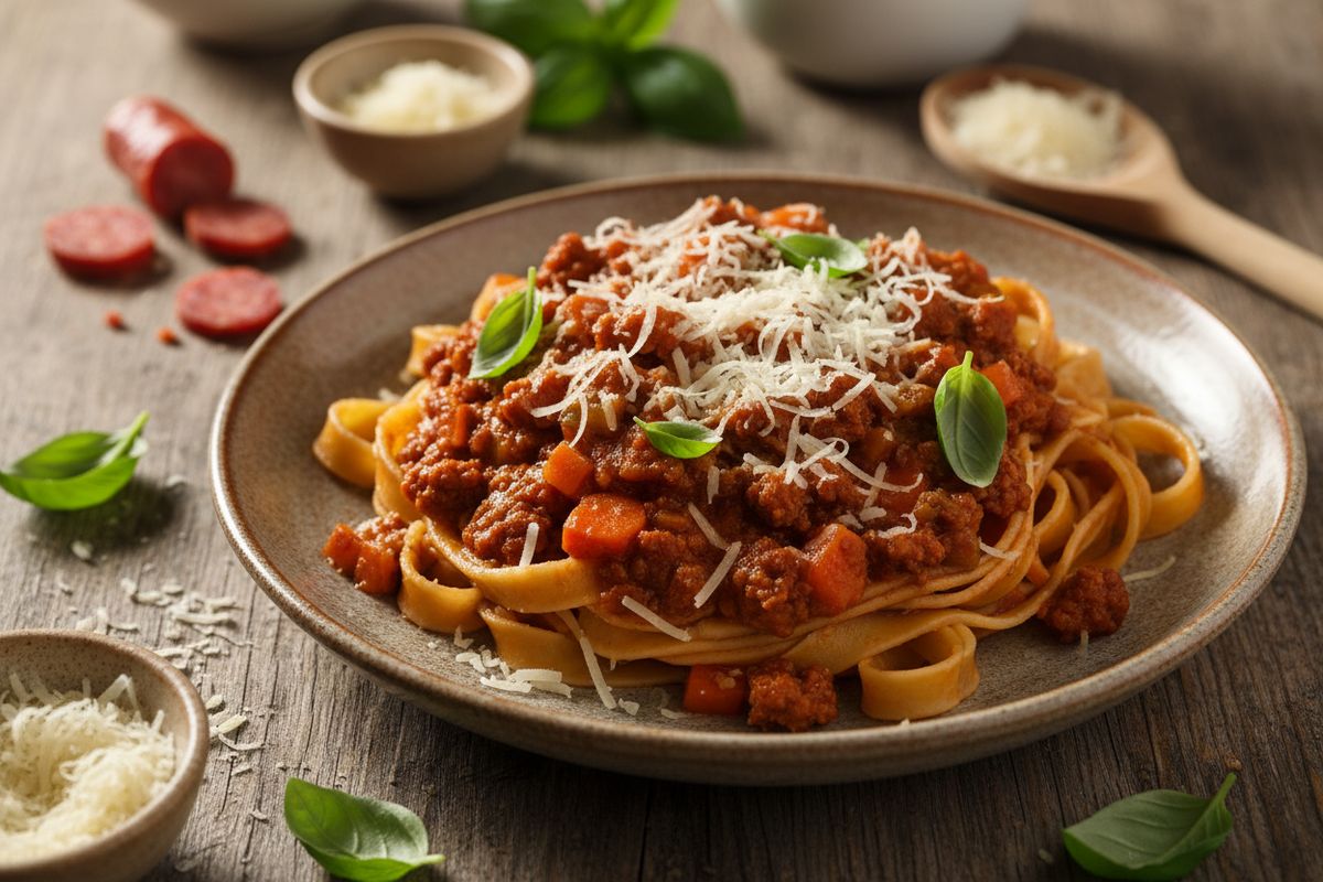 Savuinen chorizo-bolognese on täyteläinen lihainen pastakastike, jossa makkara, tomaatti ja fenkolinsiemenet luovat unohtumattoman makuyhdistelmän.