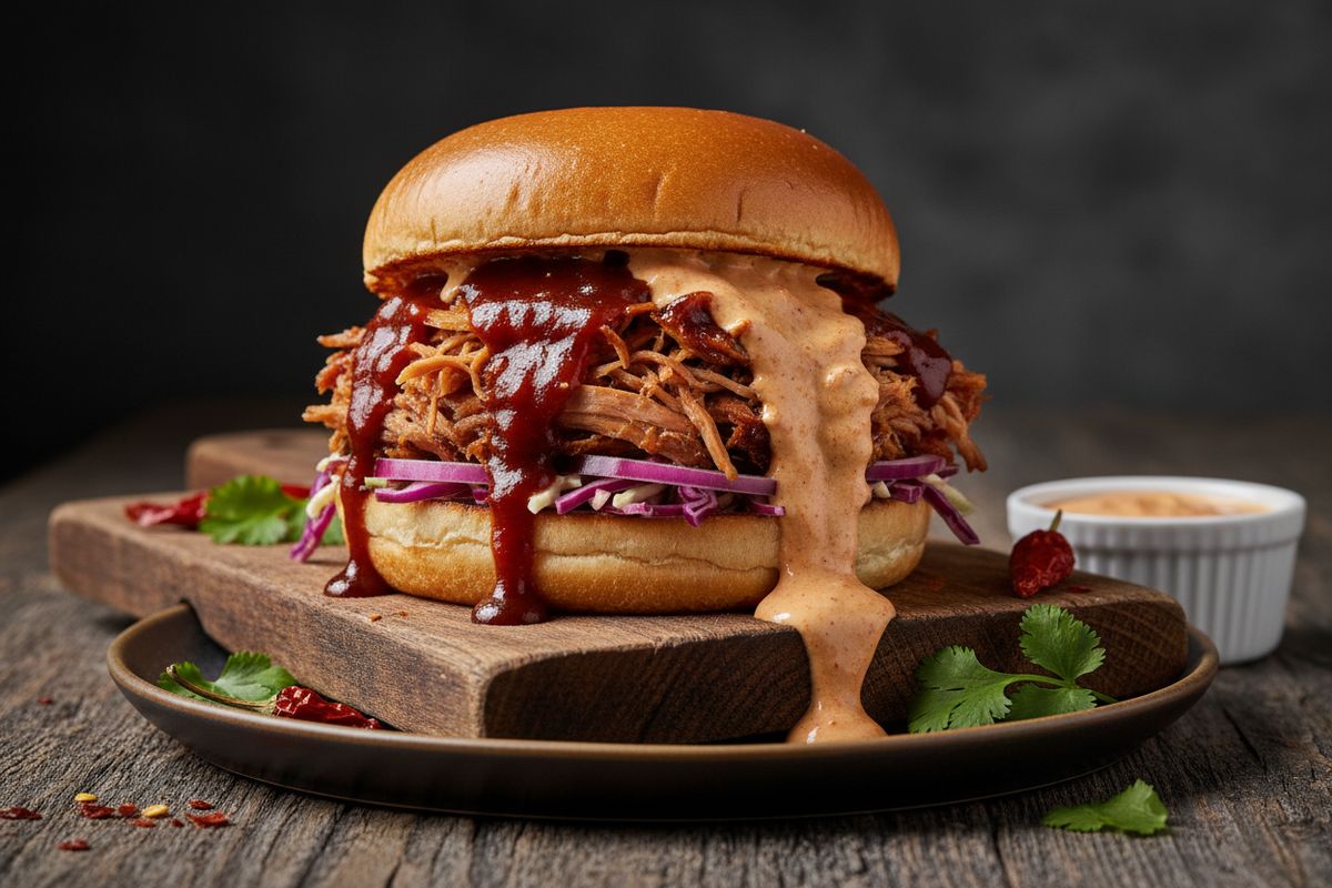 Täyteläinen pulled pork -hampurilainen savuisella chipotle-chili-ranskankermasoseella – lihansyöjän täydellinen arki-iltapäivän herkku.