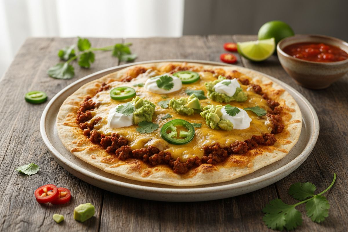 Rapealle tortillapohjalle ladottu mausteinen jauheliha ja sulava juusto tekevät tästä meksikolaisesta lihapizzasta arjen pelastajan.