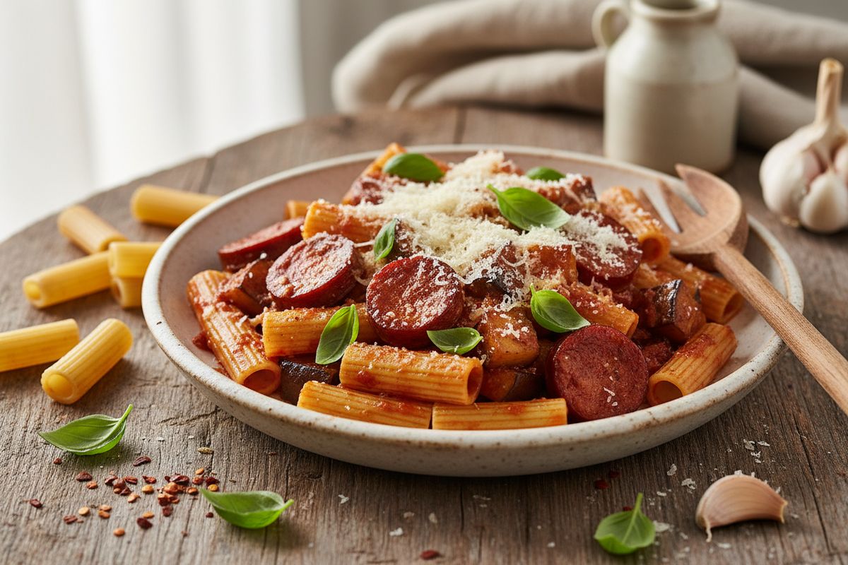 Tulinen chorizo-munakoiso rigatoni on lihansyöjän täydellinen arki-illan pastaruoka – mehevä, savuinen ja suorastaan koukuttava.