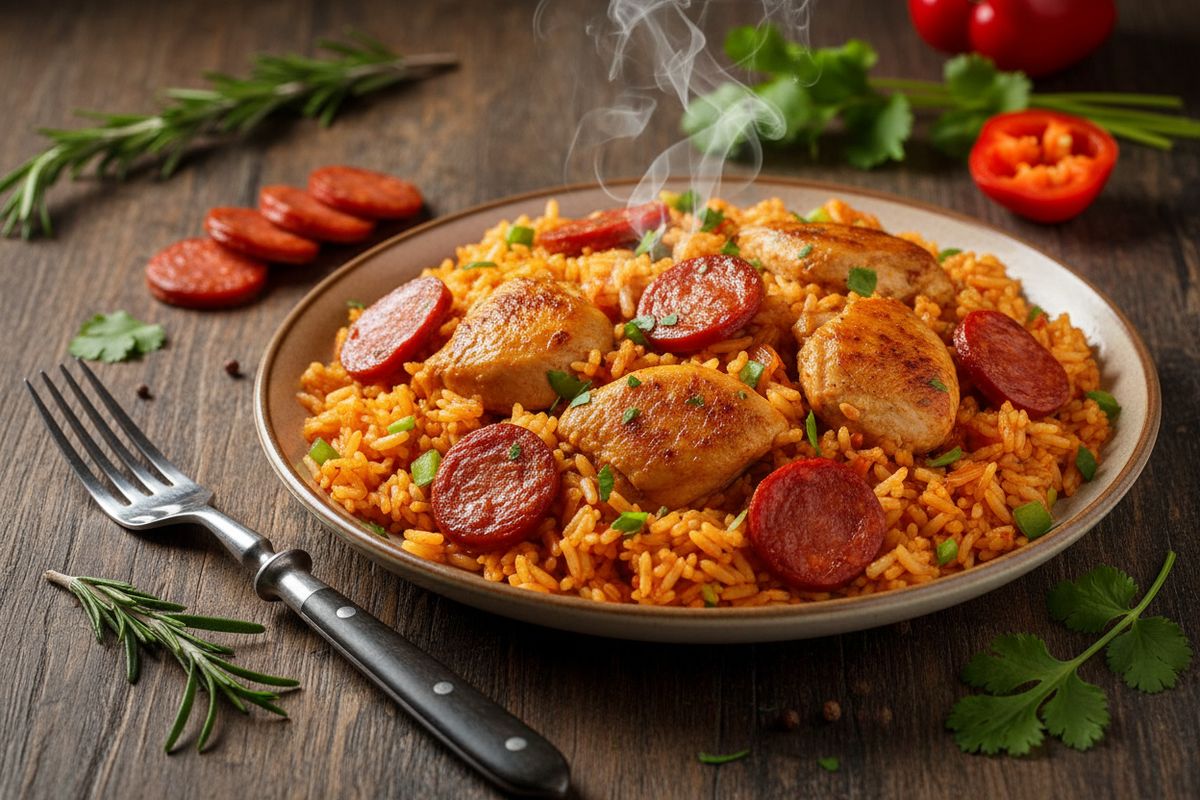Tulinen chorizo ja mureat kananpalat kypsvät samassa padassa aromaattisen riisin kanssa – nopea ja lihaisa arkiruoka.
