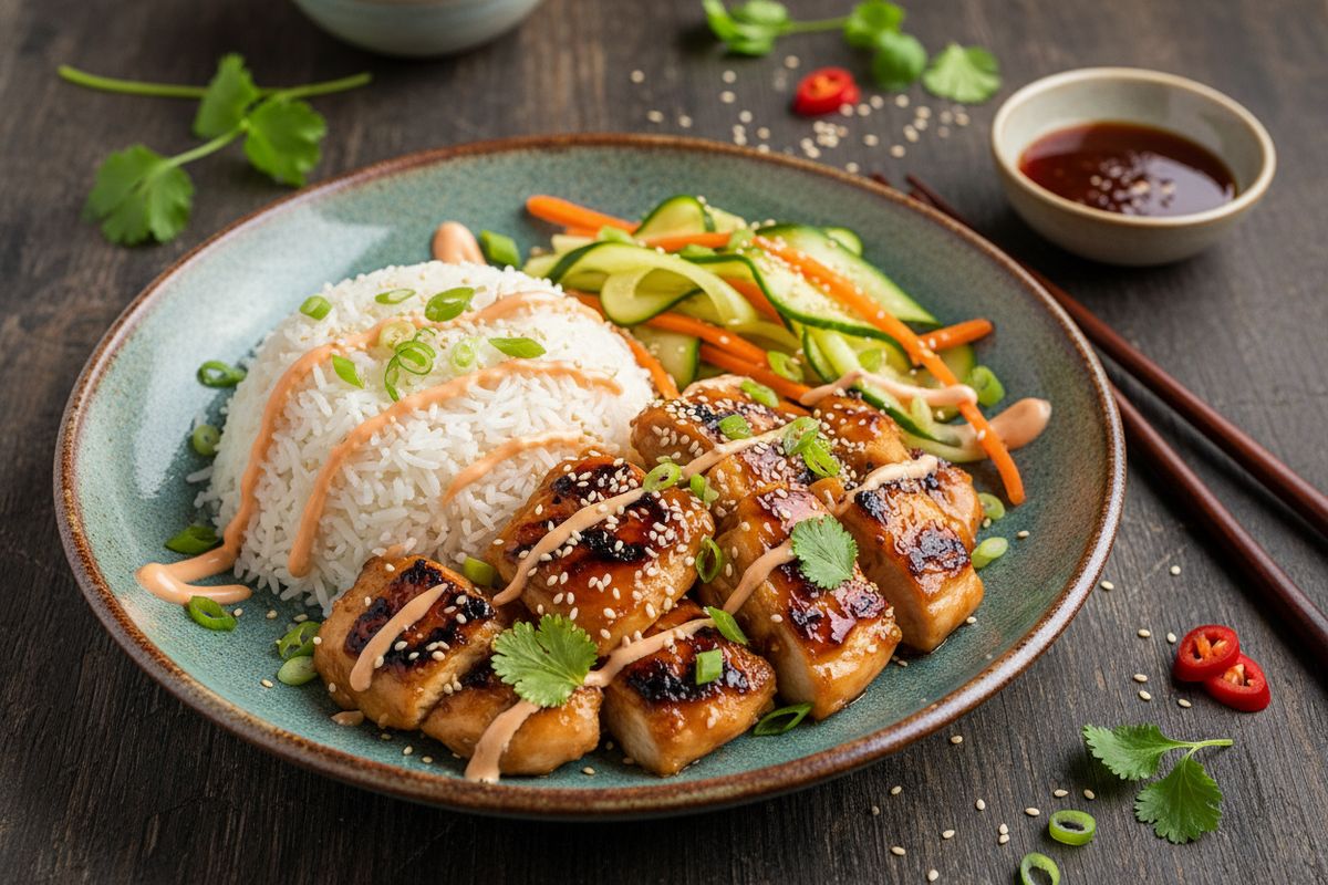 Täyteläinen teriyaki-kanabowl mehevällä marinoidulla kanalla, kuohkealla basmatiriisillä ja raikkailla pikkelöidyillä kasviksilla – nopea arkiruoka joka maistuu koko perheelle.