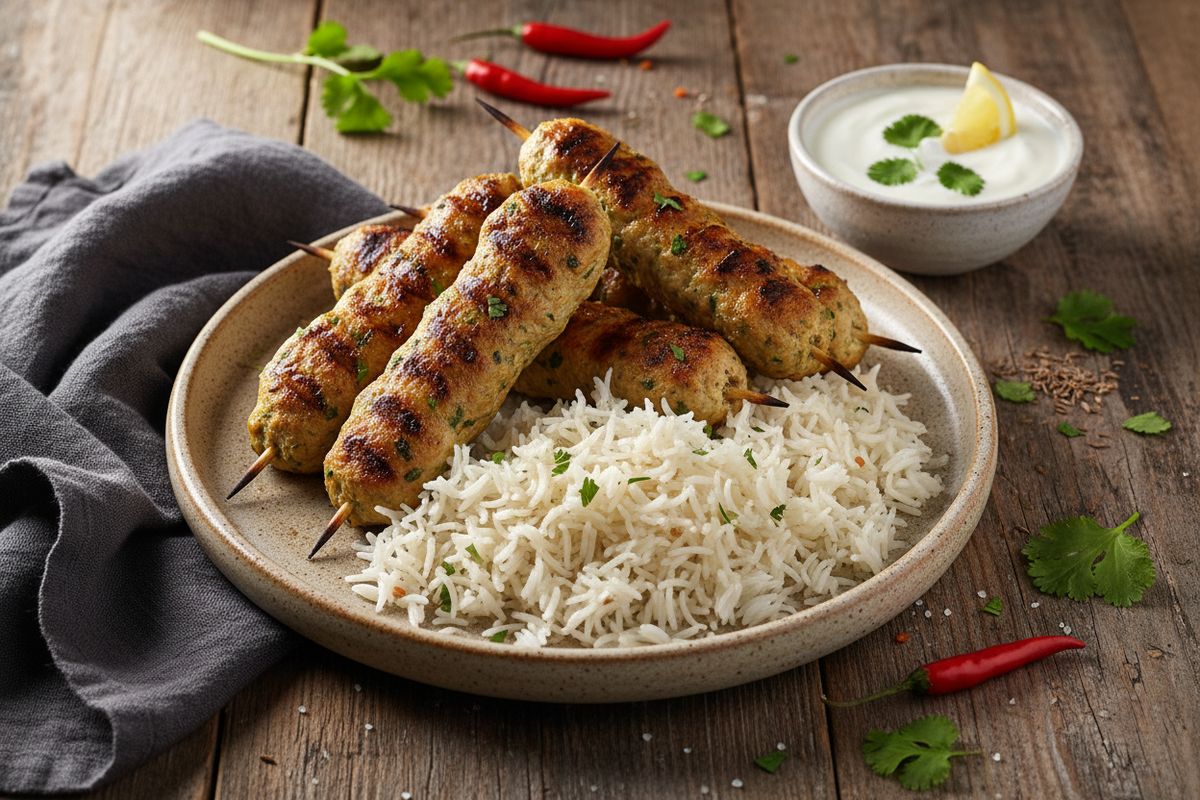 Mausteisia broileri kofta -kebabeja garam masalalla, tuoreella korianterilla ja sitruunaisella jogurttikastikkeella.