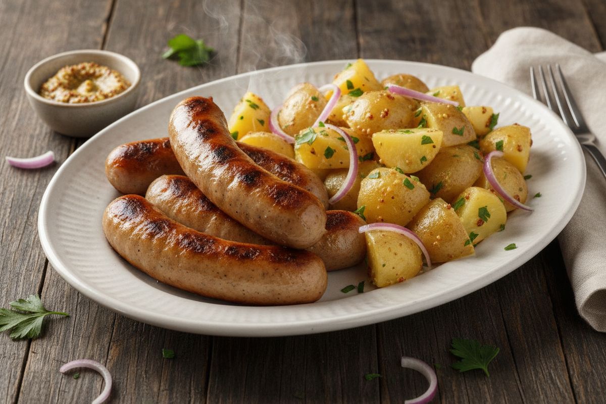 Mehevä bratwurst pannulla ja lämmin perunasalaatti – klassinen saksalainen liharuoka puolessa tunnissa.