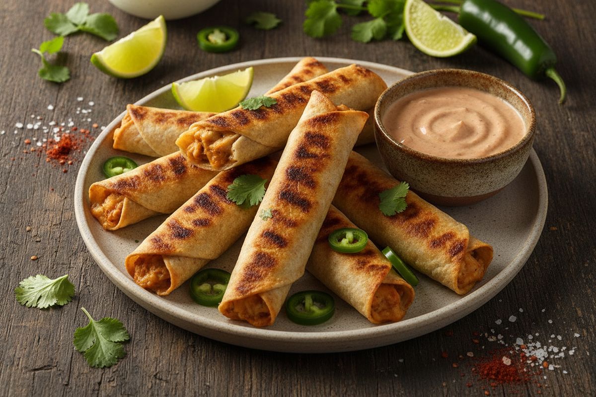 Grillatut kana-taquitot – rapeat, mehevät ja rohkeasti maustetut tortillarullat chipotle-dippikerman kera.