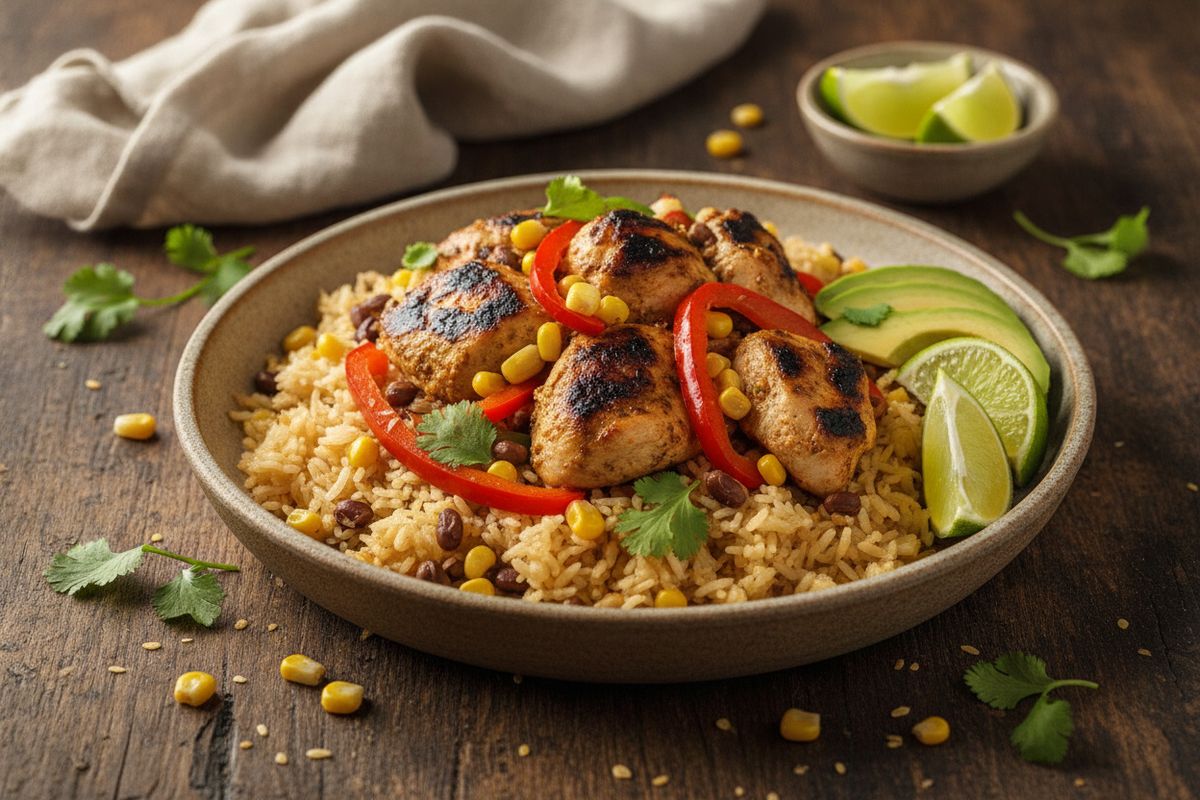 Mehevä ja tulinen karibian kanakulho kookosriisillä – rohkeasti maustettu lihaisa pääruoka, joka sopii arjen pelastusateriaksi.