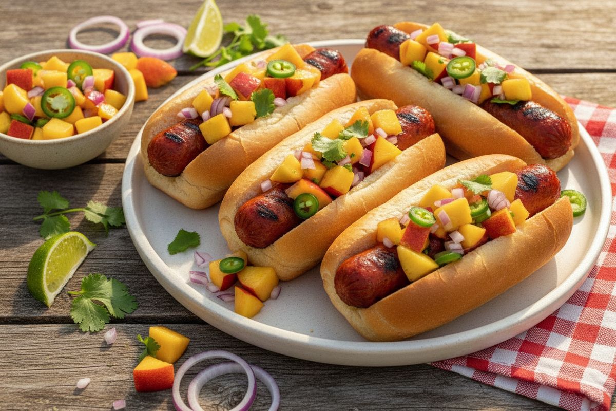 Savupaprikalla maustettu chorizo-hodari ja kirpeä persikkasalsa – rohkea ja mehevä grilliherkku lihanystäville.