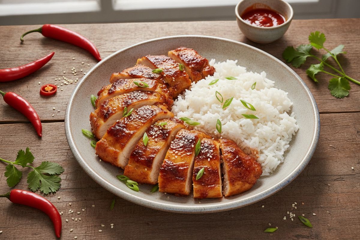 Mehevä ja tulinen sriracha-kana höyryävän riisin päällä – rohkea arkiruoka lihansyöjille.