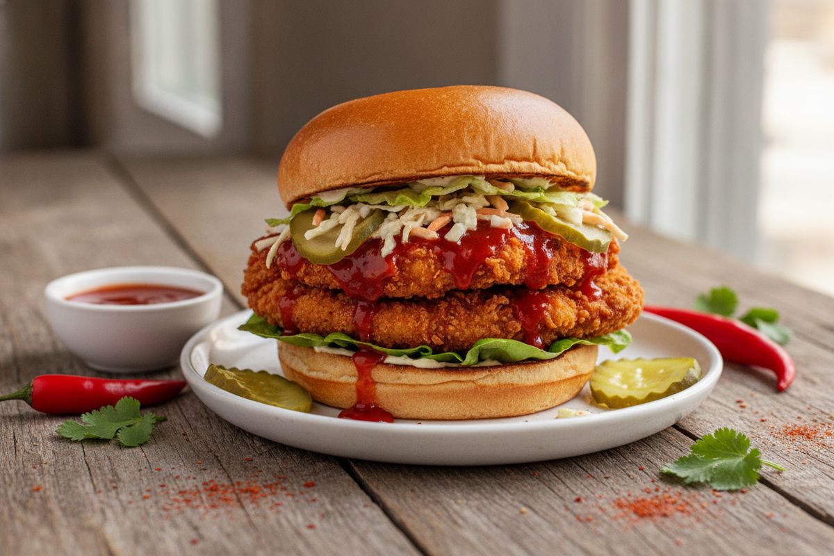 Rapeaksi leivitetty ja paistettu kanafileepihvi kastetaan tuliseen hot wings -kastikkeeseen ja kootaan mehukkaaksi sandwichiksi.