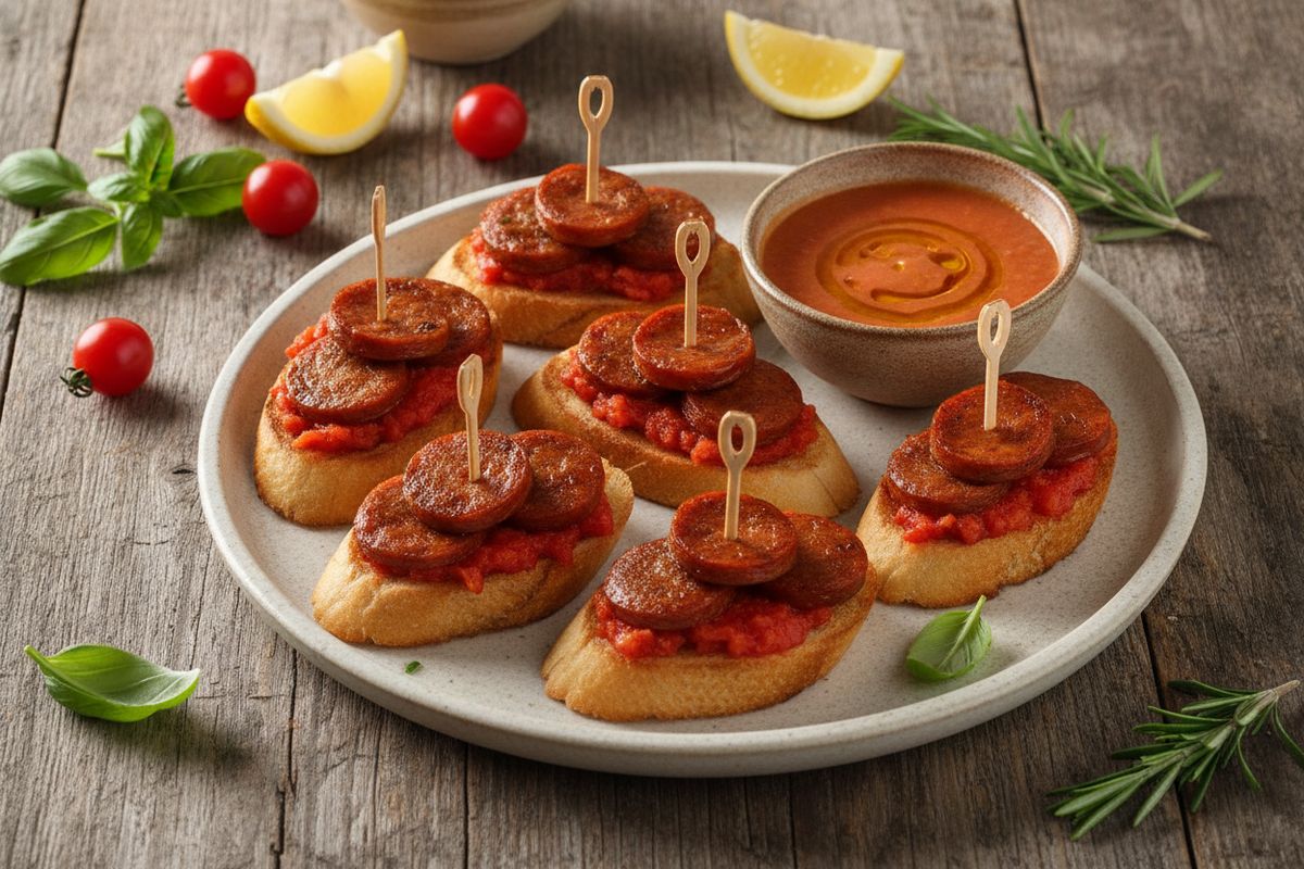 Pannulla ruskistettu chorizo paahdetulla baguetilla ja tomaatti-sitruunasurveella – nopea ja mehevä lihasuupala illanistujaisiin.