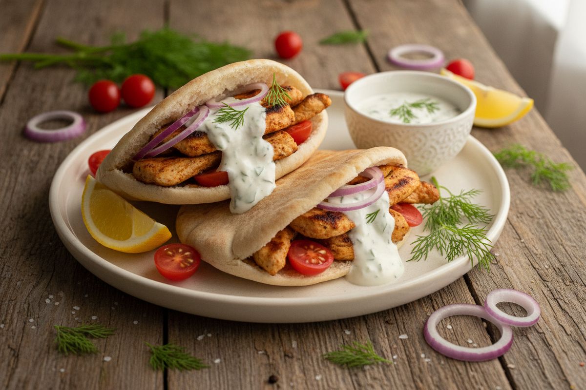 Mehevä kanagyros kreikkalaisella marinadilla, kotitekoisella tzatzikilla ja rapeilla kanaviipalleilla pitaleivässä.