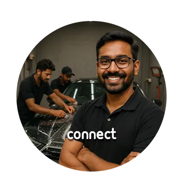 Connect — a smiling business owner at an auto-detailing studio