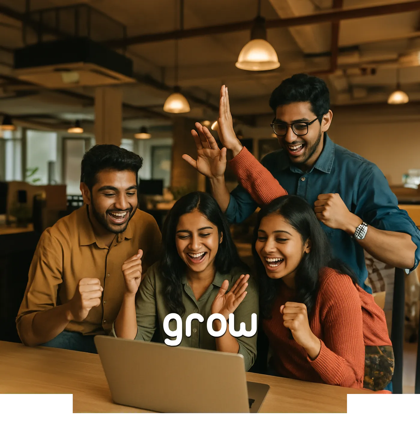 Grow — a young team celebrating around a laptop in an office