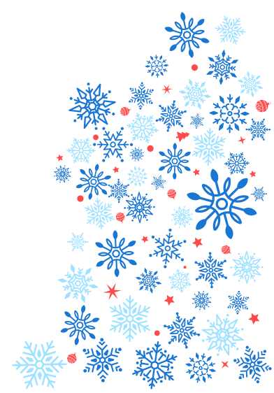 Various blue and light blue snowflakes with small red dots and stars on a transparent background.
