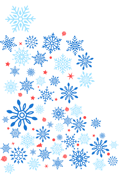 Cluster of various blue snowflakes and small red stars scattered on a transparent background.