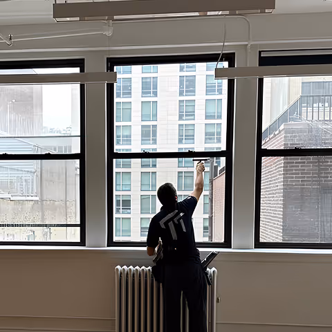 Worker cleaning or inspecting tall windows in a bright room overlooking city buildings.