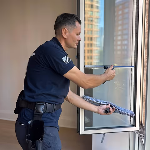 Man cleaning a window with a squeegee and cloth, wearing a dark blue uniform with an American flag patch.