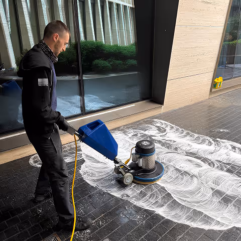 Man cleaning black tiled floor with a blue floor scrubbing machine creating white foam.