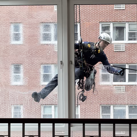 Window cleaner wearing a helmet and harness cleaning an exterior window of a brick building.