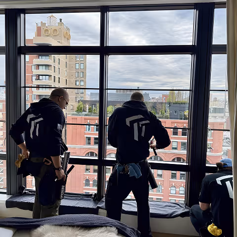 Three workers in black hoodies with tools working on a window ledge overlooking city buildings.