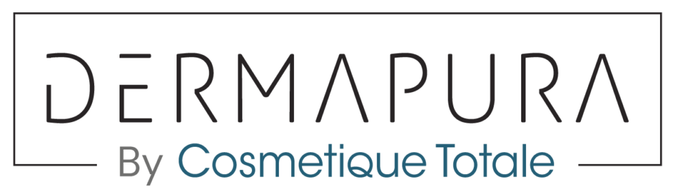 Logo von Dermapura by Cosmetique Totale mit schwarzem Rahmen und Schrift in Schwarz und Blau.