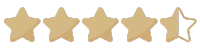 Vier goldene Sterne und ein halber goldener Stern auf weißem Hintergrund, Darstellung einer 4,5-Sterne-Bewertung.