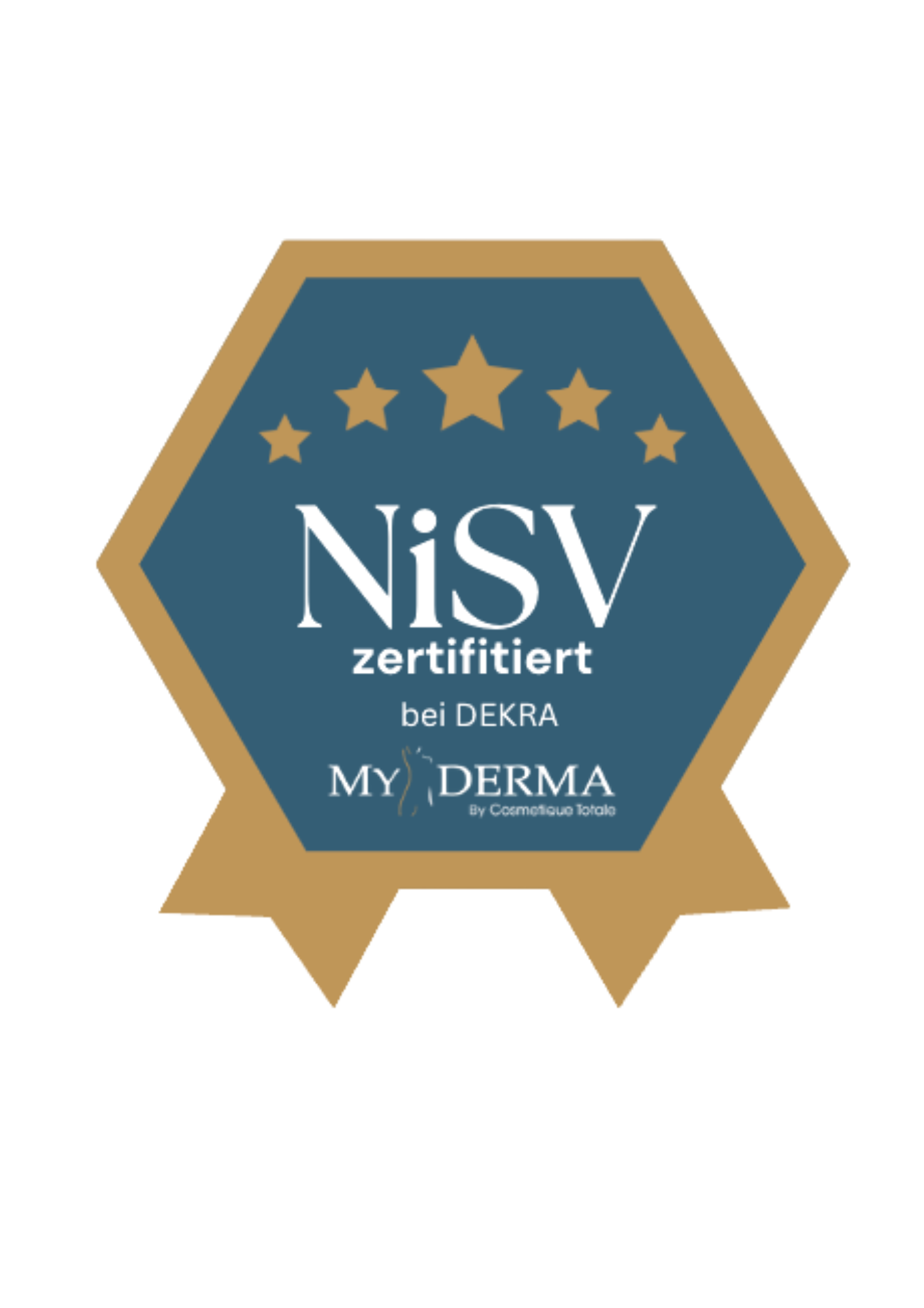 NiSV-zertifiziertes Siegel mit fünf Sternen, DEKRA- und MYDERMA-Logo.