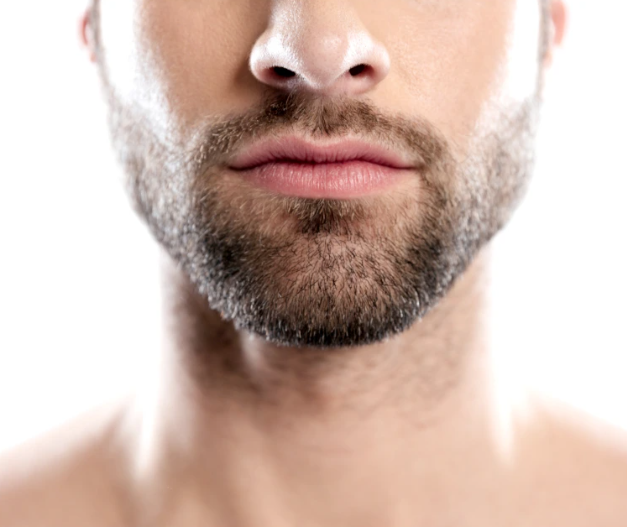 Nahaufnahme eines männlichen Kinns und Mundes mit gepflegtem Vollbart vor weißem Hintergrund.