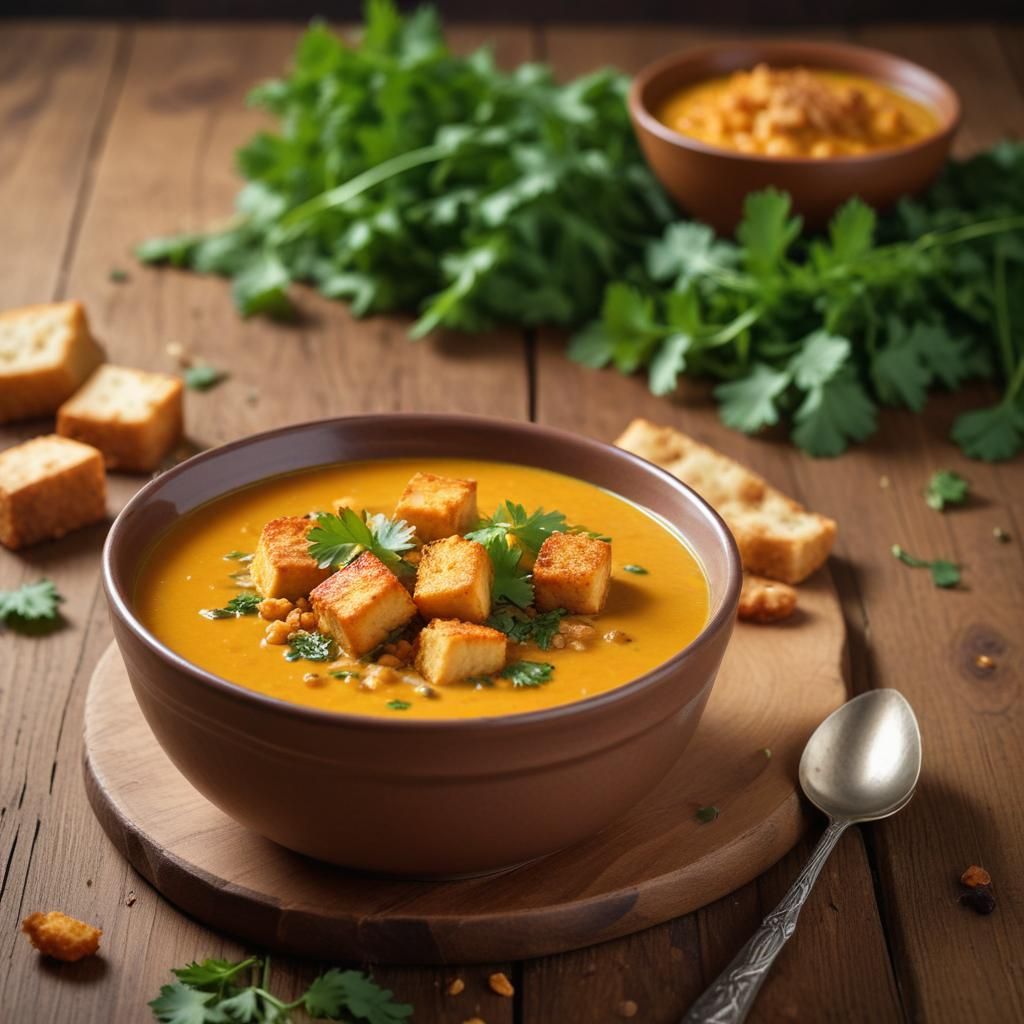 Pehmeä punalinssisoppa, jonka kruunaa aromirikas crispy paneer -tarka rapeilla currylehdillä.