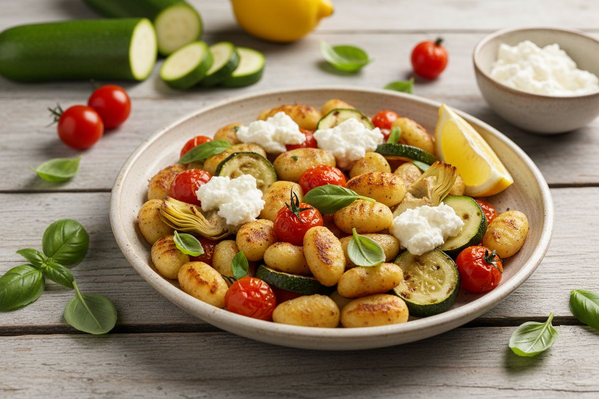 Rapea gnocchi-uunipannu artisokalla, kirsikkatomaateilla ja sitruunaricottalla – nopea kasvisateria yhdestä vuoasta.