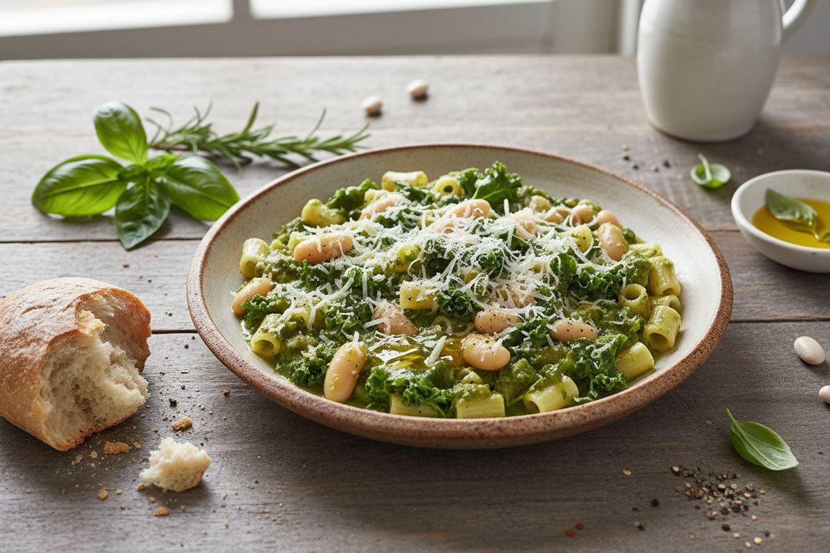 Italialainen pasta e fagioli uudessa vihreässä asussa – lehtikaali soseuttaa liemipohjan smaragdinvihreäksi ja lisää täyteläisyyttä valkopapujen ja pastan seuraan.