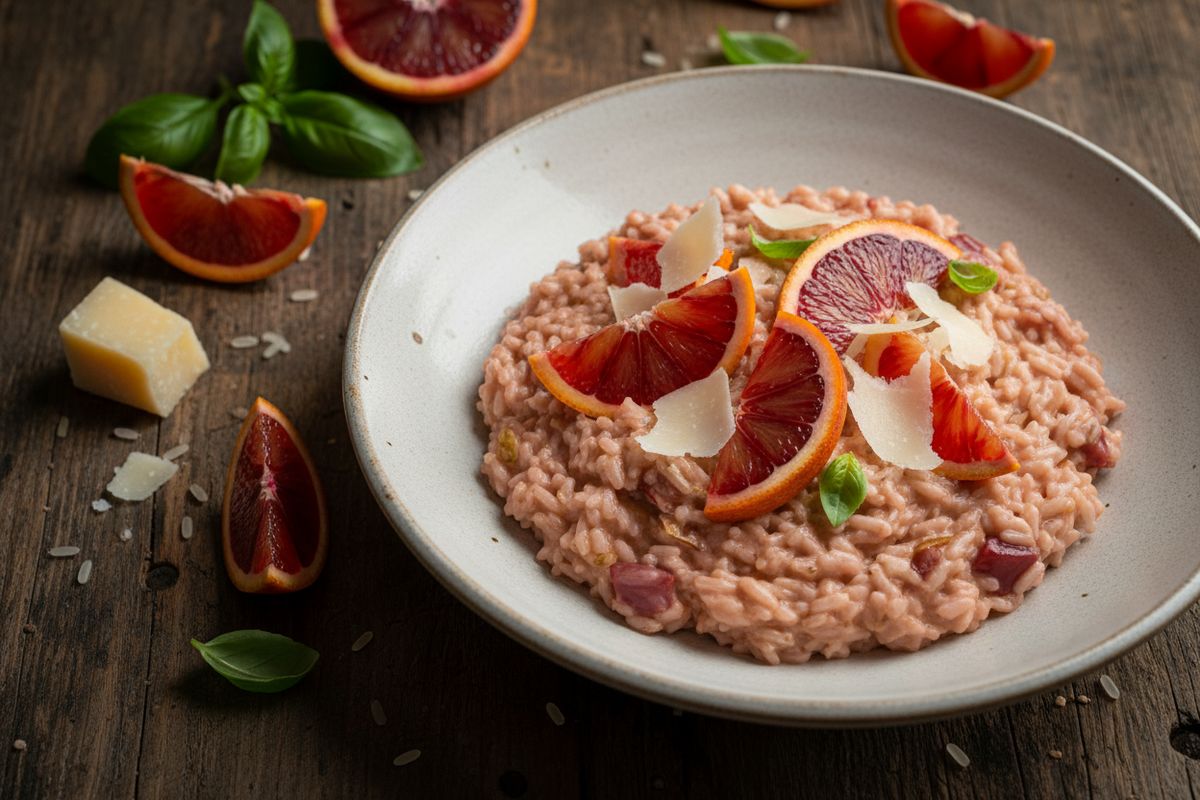 Samettinen veriappelsiinirisotto mascarponella ja parmesaanilla – talven kaunein kasvisannos.