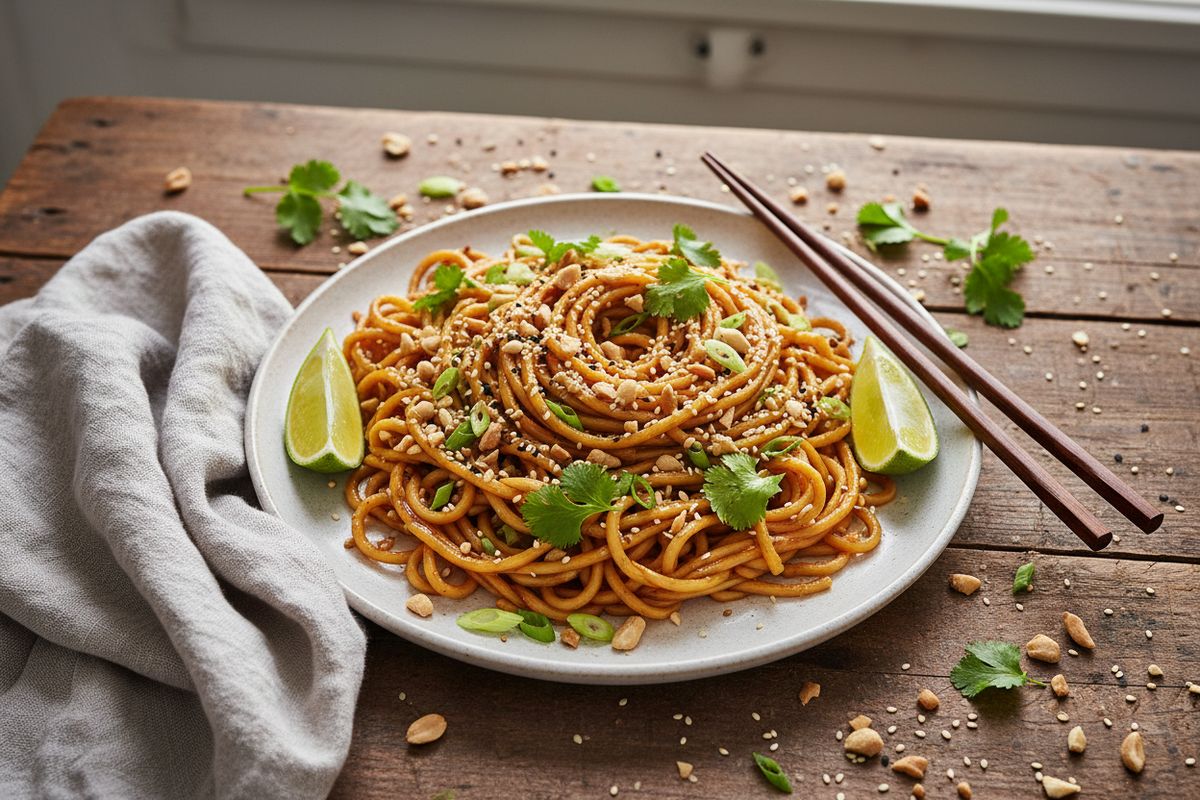 Täyteläiset maapähkinävoi-chilinuudelit kasviproteiinilla – nopea vegaaninen arkiruoka, joka valmistuu alle 20 minuutissa.
