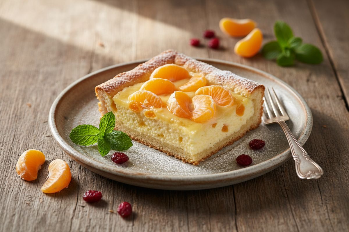 Kuohkea rahkapiirakka pellillinen, jossa raikas sitruunatäyte ja mehevät klementiiniviipaleet päällä – helppo ja herkullinen kasvisleivonnainen.