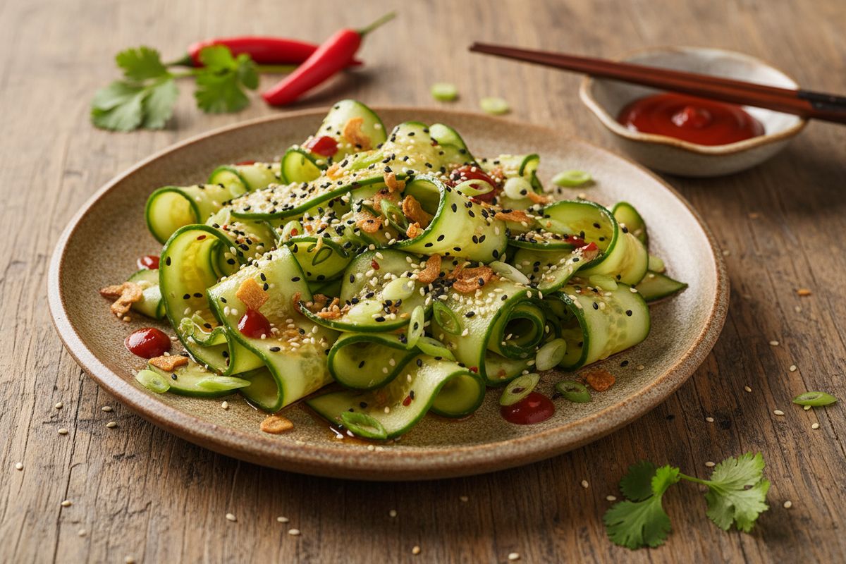 Raikas ja tulinen aasialainen kurkkusalaatti valmistuu alle 15 minuutissa – täydellinen vegaaninen lisuke kasvisruoalle.