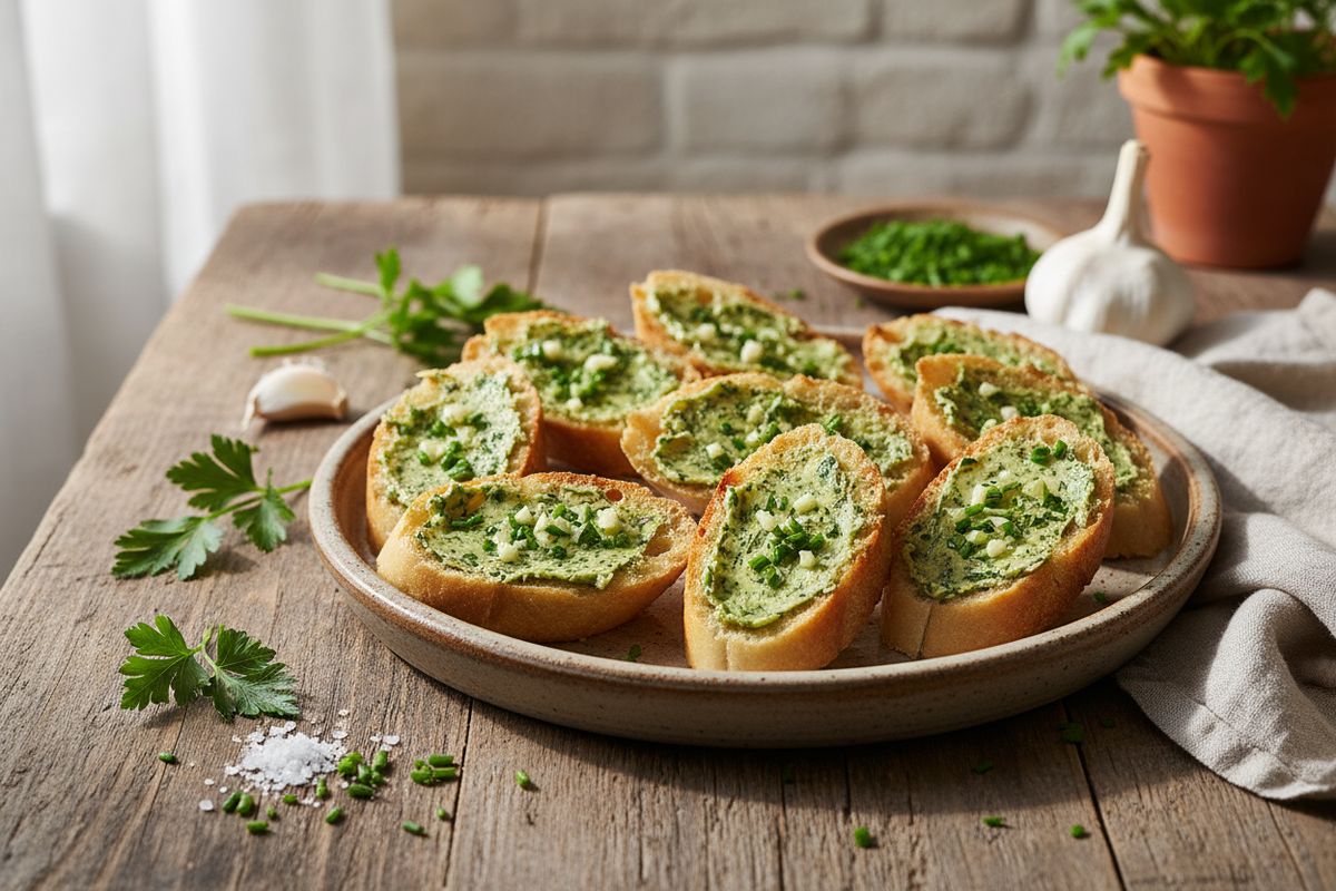 Rapeat yrtti-valkosipulileivät patonkiviipaleista – helppo ja herkullinen lisuke kasvisaterioille.