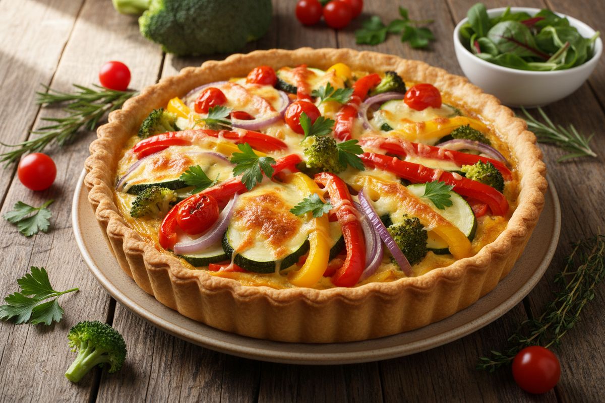Värikäs ja täyteläinen kasvispiirakka, jossa paistetut sesonkikasvikset ja kermainen munatäyte kohtaavat rapeassa piirakkapohjassa.