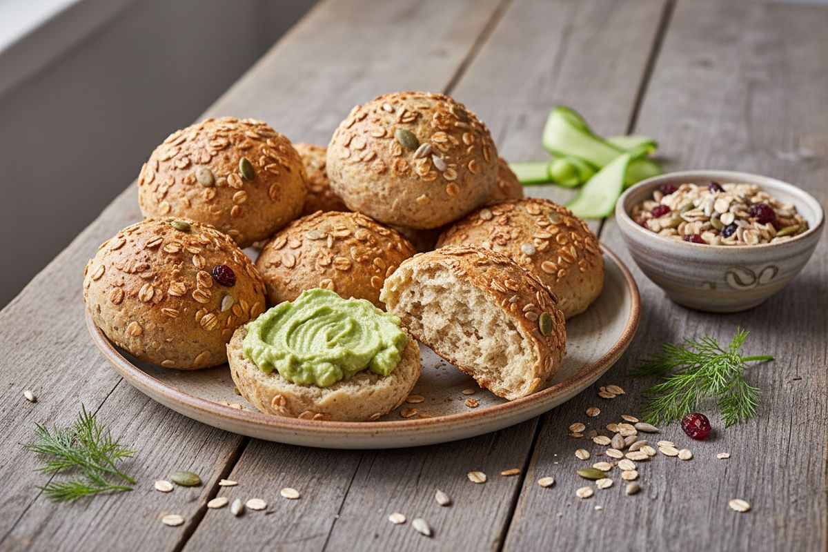 Pehmeät ja ravitsevat myslisämpylät – täysin vegaaninen resepti, joka sopii mainiosti kasvispohjaisen arjen aamupalaksi tai välipalaksi.